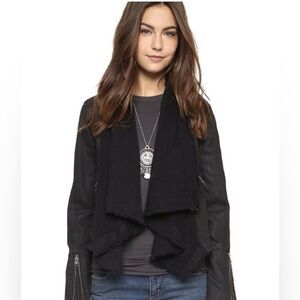Free people drape coated black denim moto jacket size 2